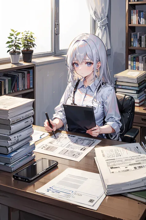 ((best quality, masterpiece, absurdres, super-resolution)) (stacks of file, stacks of paper, stacks of books) (paperwork:1.3), (documents:1.3), office work, busy, exhausted, (paper flying around), (working), (business), messy office, colleagues, (team meeting)