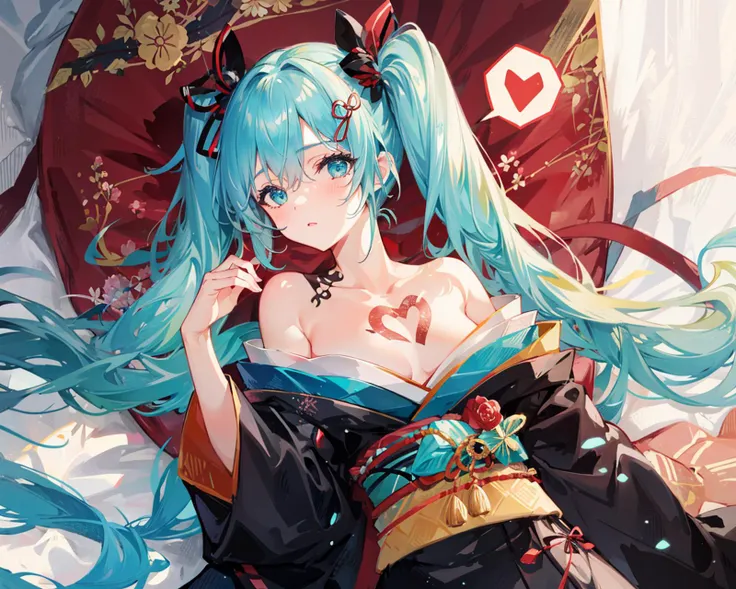 <lora:lightAndShadow_v10:0.4>,1girl, spoken_heart, japanese_clothes, 1girl, kimono, solo, long_hair, lying, breasts, sash, on_side, tattoo, tabi, off_shoulder, cleavage, obi, twintails, aqua_eyes, hair_ornament, aqua_hair,hatsune_miku,