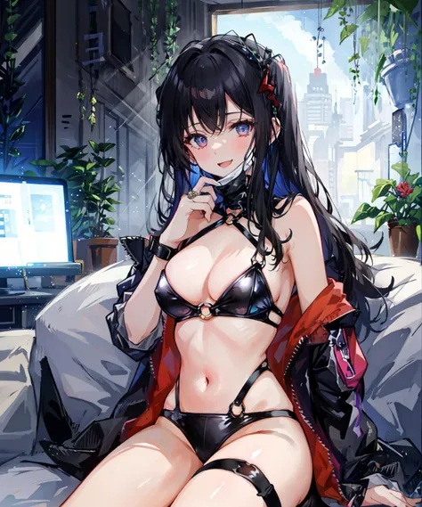 {{masterpiece}},highly detailed,masterpiece,solo,1girl, masterpiece,1girl, solo, o-ring, long_hair, breasts, black hair, pasties,dominatrix,bondage outfit, bdsm, <lora:lightAndShadow_v10:0.7>,indoors,latex, light smile, navel, <lora:MaskPullV1:1>,mask pull,