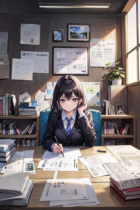 ((best quality, masterpiece, absurdres, super-resolution)) (stacks of file, stacks of paper, stacks of books) (paperwork:1.3), (documents:1.3), office work, busy, exhausted, (paper flying around), (working), (business), messy office, colleagues, (team meeting)