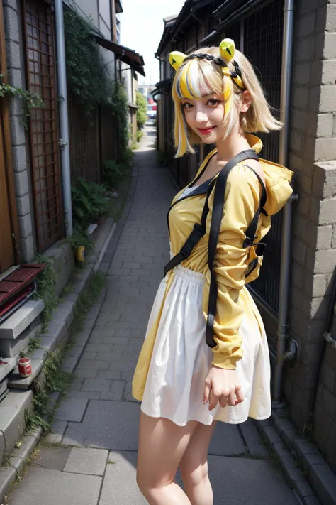 (masterpiece, best quality:1.2), <lora:more_details:0.5>, <lora:Ishar-10:0.8>, ishar, hackerTP, yellow eyes, streaked hair, short dress, headgear, yellow jacket, looking at viewer, smile, tokyo, streets, standing in the back alley, japanese town, stairs