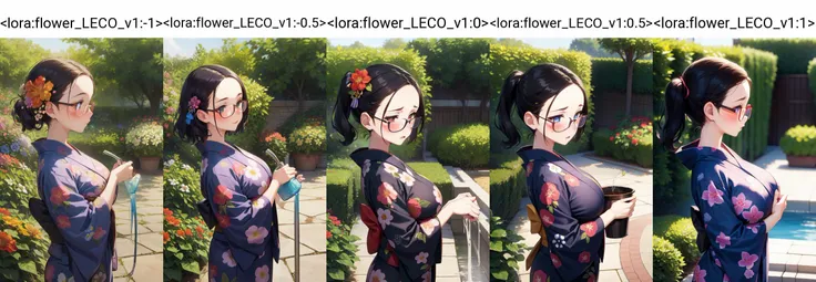 <lora:add_brightness:0.5><lora:add_detail:0.5>1 woman, large breast, embarrassed ,blush, forehead, black hair, glasses,dating, yukata, floral print, formal,
<lora:flower_LECO_v1:-1>garden,flowers,plants,landscaping,soil,mulch,watering,
from side,