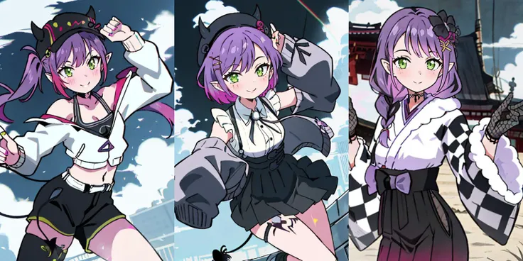 1girl, solo, smile, cowboy shot, heaven, clouds BREAK tokoyami towa, green eyes, black shorts, purple hair, ear piercing, twintails, demon tail, black shirt, halterneck, (white jacket, cropped jacket:1.25), bare shoulders, black headwear, midriff, choker, short shorts, cleavage, fake horns, horn headwear, baseball cap, pointy ears, streaked hair, bibi \(tokoyami towa\), uneven legwear <lora:thicker lines anime:1> <lora:anime screencap:0.7> <lora:tokoyami towa 3 outfits:1>