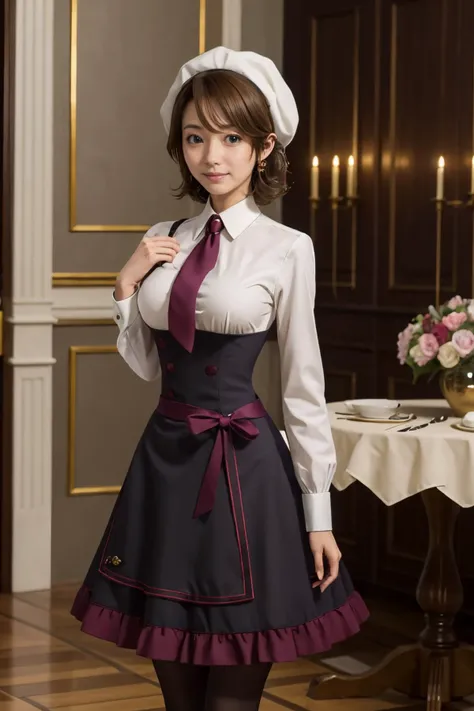 (masterpiece),(best quality), <lora:Yasuda:0.7>, yasuda, apron, bonnet, brooch, maid outfit, necktie, flat chest, indoors, luxurious hall, manor,