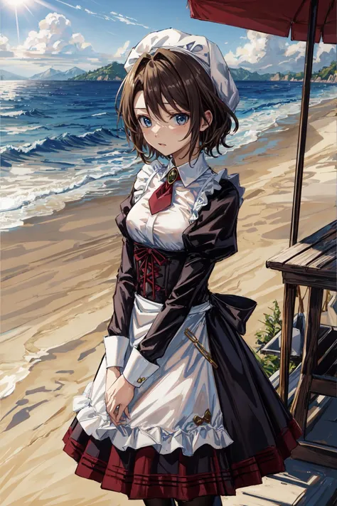 (masterpiece),(best quality), <lora:Yasuda:0.7>, yasuda, apron, bonnet, brooch, maid outfit, necktie, flat chest, outdoors, beach, sunlight, sea, island, hills, <lora:Adddetail:0.8>