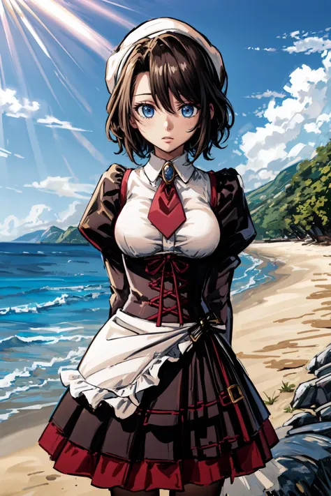 (masterpiece),(best quality), <lora:Yasuda:0.9>, solo, yasuda, apron, bonnet, brooch, maid outfit, necktie, flat chest, outdoors, beach, sunlight, sea, island, hills, <lora:Adddetail:0.8>