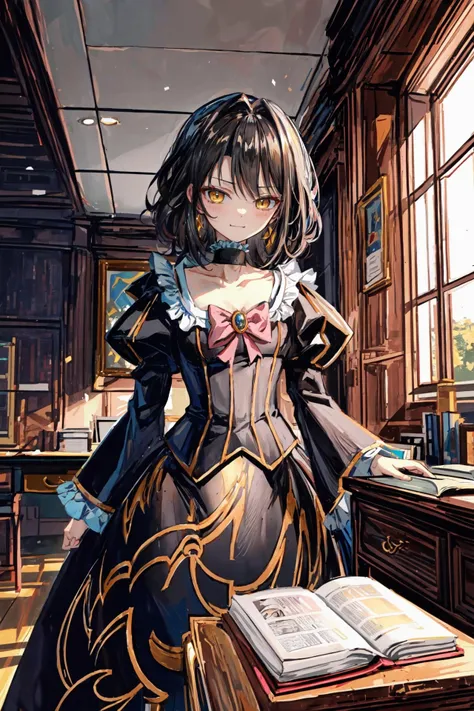(masterpiece),(best quality), <lora:Yasuda:0.9>, solo, ballgown dress, choker, frilled dress, pink bow, flat chest, smug face, smug, yellow eyes, indoors, old bureau, desk, manor, windows, bookshells, <lora:Adddetail:0.7>
