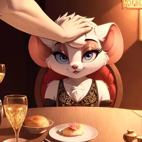 <lora:misskitty-v1:1> misskitty, anthro mouse, (perfect eyes:1.2), facing viewer, close-up, (headpat), (detailed fluffy fur), classy dinner dress, jewelry, dinner table,
(masterpiece:1.2), (highly detailed:1.2), (intricate:1.2), (best quality:1.2),(8k:1.2),
intimate lighting, vivid colors