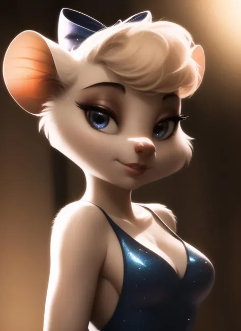 misskitty, furry female anthro, mouse girl, portrait, close-up, solo, (body fur:1.2), (best quality), portrait background, cinematic lighting, (detailed fur:1.1), looking at viewer,  hair bow, sparkling leotard, medium breasts, <lora:misskitty-v1:1>