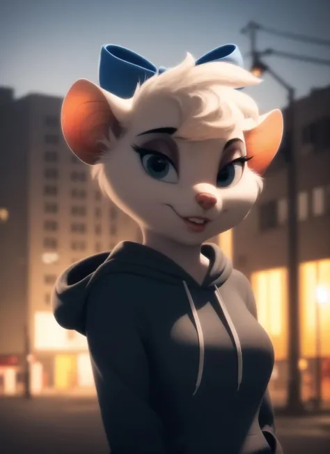 misskitty, furry female anthro, mouse girl, portrait, close-up, (hoodie:1.2), fur trim, solo, (body fur:1.2), (best quality), (detailed urban background:1.2), dramatic lighting, (detailed fluffy fur:1.1), looking at viewer, medium breasts, hair bow, <lora:misskitty-v1:1>