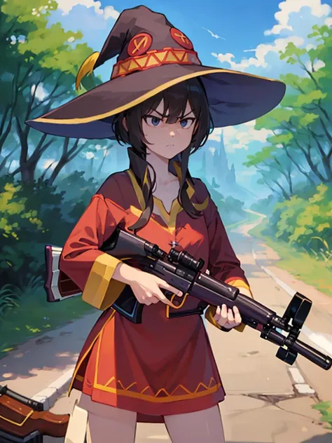 (best quality, ultra-detailed, best illustration, best shadow, masterpiece, high res, professional artwork, famous artwork), (1girl, solo, safe),  <lora:concept_betterGunsLocon_v10:1>,megumin, (holding, holding_gun:1.0), (shotgun:1.5), in a field, trees, narrowed eyes, (angry:1.1), big witch hat, (trigger_discipline:1.2), red dress,