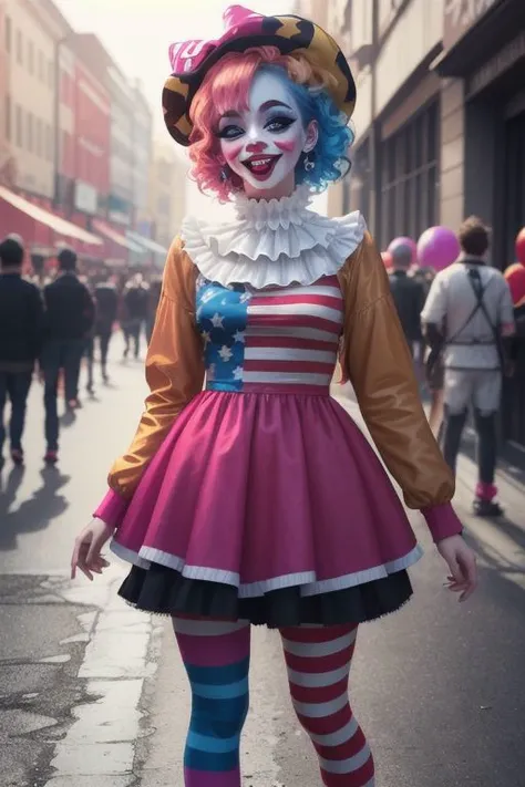 Dystopian and circus street-photo of (1girl, murder-clown, clown-make up, standing, maniacal laughter)
(Hyper-Individualism), carnivalpunk clothes mixed with urban clothes.
(High Contrast, realistic, full detail, 4k, HD, Ray Tracing Reflections, contrasting and vivid colours.)