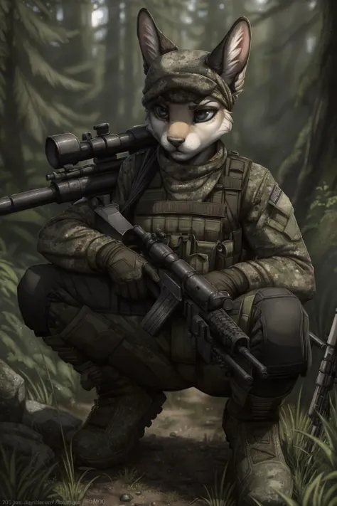 uploaded on e621, by Jay Naylor,  by Xenoforge, by honovy, waist up portrait, solo, anthro bunny male, bandana, tactical gloves, (military uniform, military headset, chest rig, armor vest, tactical clothing, camo), ((PMC operative)), crouching down, (holding a sniper rifle, DVL-10 sniper rifle,) solo, wilderness, serious, Tarkov, B.E.A.R. PMC operative, uhd, hdr, 4k,  <lora:BetterGuns-V1:0.65>