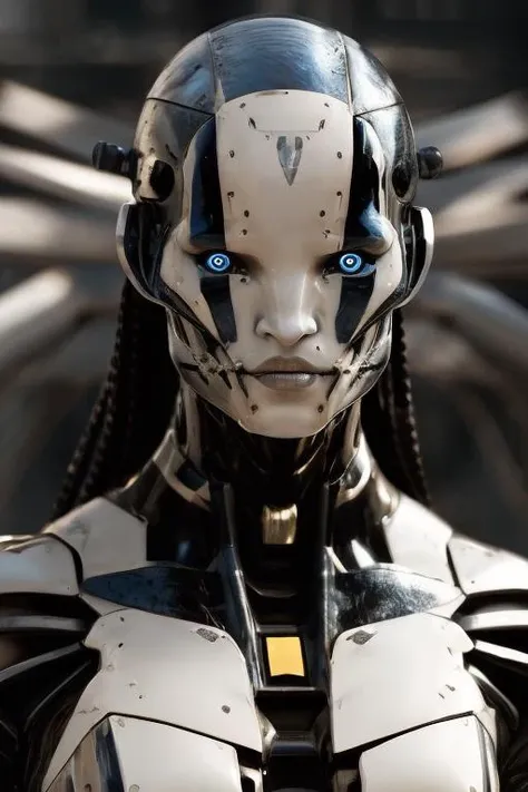 rz88mkultr4, a closeup of a robot , photorealistic painting , avatar image, white gold skinned, cinematic bust shot, avatar for website, black long hair, 4 k detail, stuning beauty