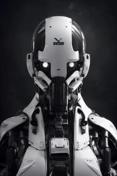 rz88mkultr4, a closeup of a robot , trending on cgsociety , inspired by a black and white photograph of a person in a super high tech suit, a portrait, shutterstock, sots art, olga buzova symmetrical in