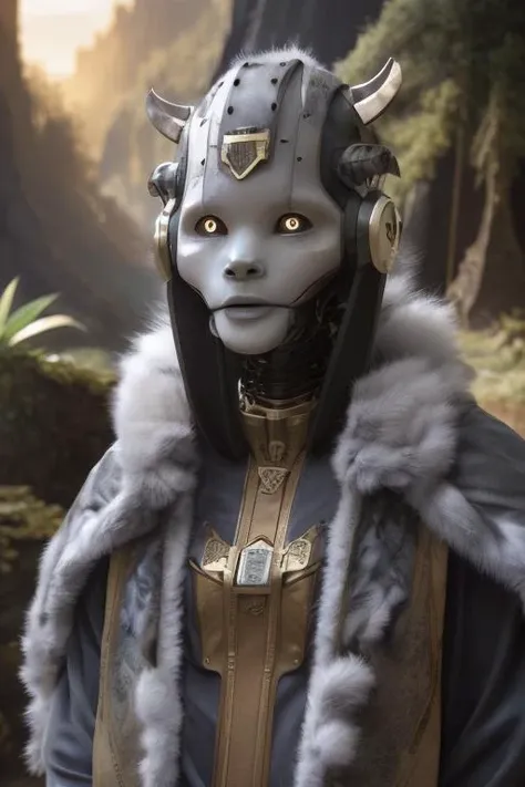 rz88mkultr4, a closeup of a robot , an ultrafine detailed painting , ilya kushinov, grey fur coat, a cute portrait of an archie, egyptian jungle, an ultrafine detailed painting, by android jones, finely detailed