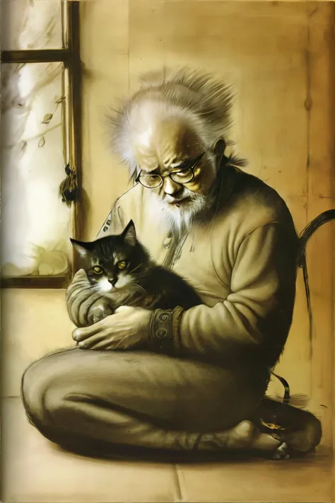 <lora:yoshitakaamano:0.8>, amano, old man sitting with cat in his lap, <clip:skip:2>, masterpiece, 8k, high resolution, shallow depth of field, sharp focus