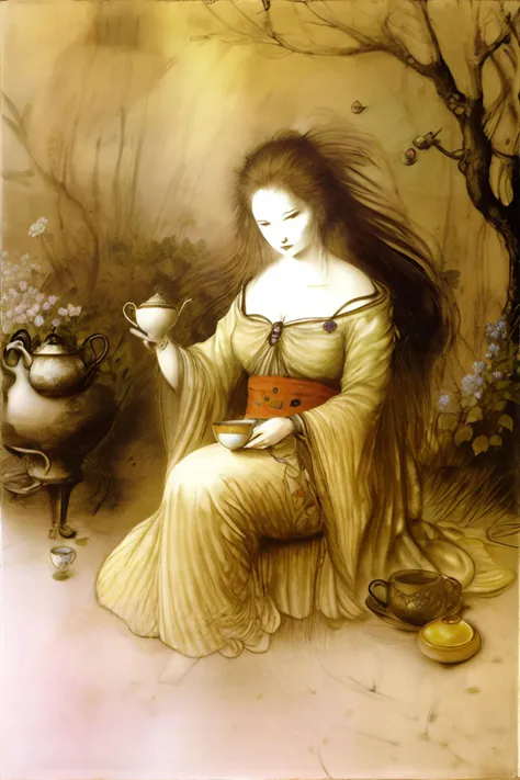 <lora:yoshitakaamano:0.8>, amano, woman holding mug of tea, sitting in garden, <clip:skip:2>, masterpiece, 8k, high resolution, shallow depth of field, sharp focus