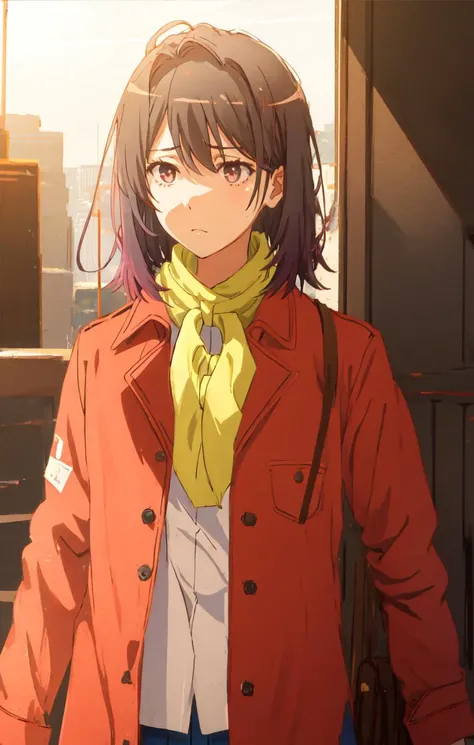 (masterpiece),best quality,Amazing,finely detail.Depth of field,beautiful detailed eyes,school,1girl,yukinoshita_haruno,cowboy shot, red_coat,medium hair, sad,(bowtie_scarf),sad