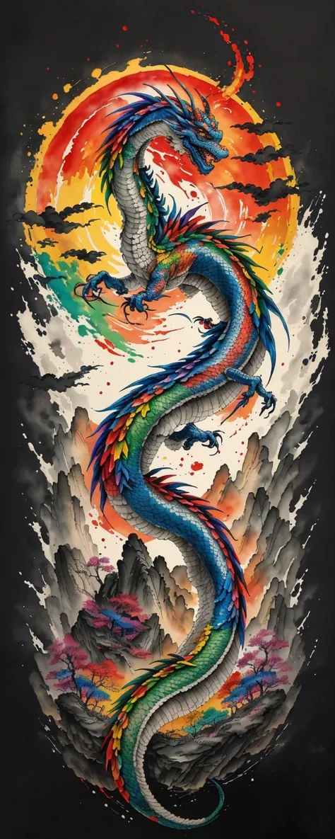 masterpiece, colorful ink painting, a Chinese dragon spiraling into the sky above a rocky shrine grove, rainbow colors <lora:AssersPrintandNegativeSpace:0.8>