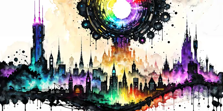8k, high resolution, high quality, masterpiece, colorful ink painting, a techno-futuristic cityscape with shining towers, rainbow colors<lora:AssersPrintandNegativeSpace:0.75>