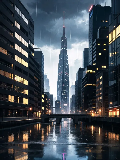 grainy, extremely detailed,dynamic lighting, dark, rain, reflection on water, futuristic city