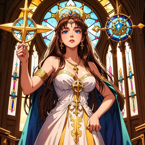 Beautiful church, stained glass windows, very long hair, brown hair, blue eyes, tiara, big breasts, holy priestess, beautiful ornate ballgown, crystal necklace, crystal earrings, detailed, intricate, cinematic lighting, sunset, holding golden cross symbol, close up