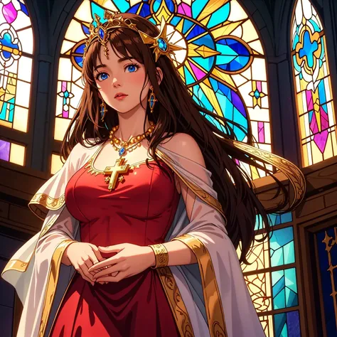 Beautiful church, stained glass windows, very long hair, brown hair, blue eyes, tiara, big breasts, holy priestess, beautiful ornate ballgown, crystal necklace, crystal earrings, detailed, intricate, cinematic lighting, sunset, holding golden cross symbol, close up