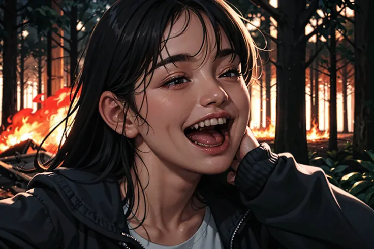 grainy, <lora:FilmG4:1> , filmg4, detailed, natural lighting, dark lighting, dynamic lighting, girl, lighting forest in flames,laughing, maniac