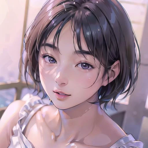 HirosueRyoko,1girl<lora:HirosueRyoko_v20:1.0>best quality, real human skin, short hair,(detailed face:1.2), pores, ultra high res, (8k, RAW photo, photorealistic:1.4), slim, (looking at viewer with a serene and goddess-like happiness:1.2), ( lipgloss, gloss-face, best quality, ultra highres, Broad lighting, natural shading),