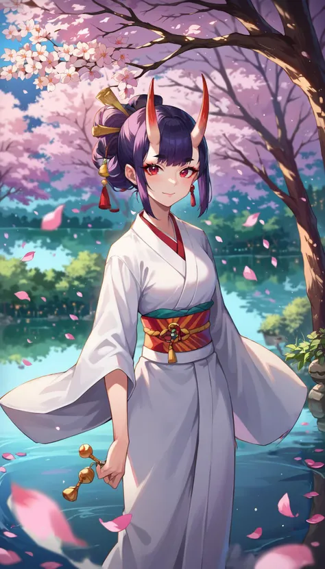 score_9, score_8_up, score_7_up, score_6_up, source anime,
anime style image of a river with trees and lights in the background, scenery, cherry blossoms, tree, petals on liquid, ripples, reflection, depth of field, east asian architecture,
1girl, white kimono, oni, tsunokakushi, looking at viewer, red eyes, light smile,
masterpiece, best quality, very aesthetic, absurdres,
<lora:detailed_backgrounds_v2:0.8>