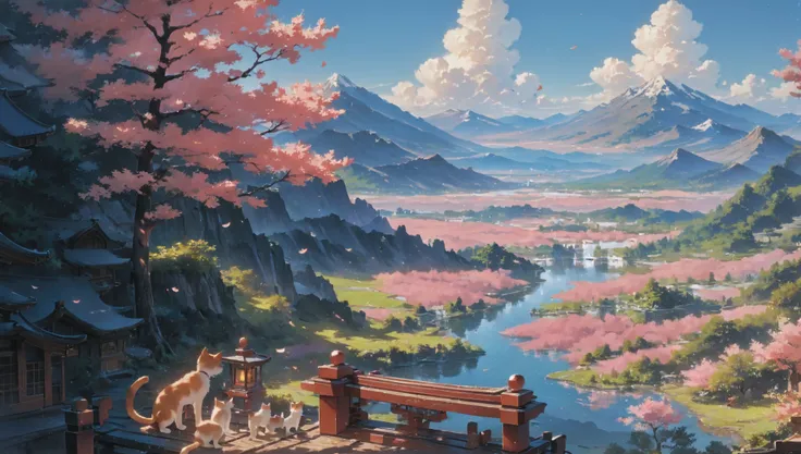score9, score_8_up, score_7_up, score_6_up, score_5_up, score_4_up, lots of cats on a wooden platform overlooking mountains, lots of cats looking over the scenery, (cats:1.5), rivers, lakes, trees, billowing clouds, japanese buildings, detailed, intricate, masterpiece, best quality, asymmetrical, flat shading, <lora:Detailed_Anime_Style_Backgrounds_for_PonyXL:0.8> <lora:Anime Summer Days 2 Style SDXL_LoRA_Pony Diffusion V6 XL:1>