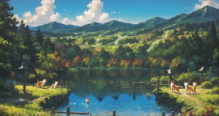score9, score_8_up, score_7_up, score_6_up, score_5_up, score_4_up, lots of cats on a wooden platform overlooking mountains, lots of cats looking over the scenery, (cats:1.5), rivers, lakes, trees, billowing clouds, japanese buildings, detailed, intricate, masterpiece, best quality, asymmetrical, flat shading, <lora:Detailed_Anime_Style_Backgrounds_for_PonyXL:0.8> <lora:Anime Summer Days 2 Style SDXL_LoRA_Pony Diffusion V6 XL:0.75> <lora:v10l3tXLP:0.65> v10l3t