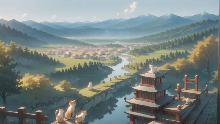 score9, score_8_up, score_7_up, score_6_up, score_5_up, score_4_up, lots of cats on a wooden platform overlooking mountains, lots of cats looking over the scenery, (cats:1.5), rivers, lakes, trees, billowing clouds, japanese buildings, detailed, intricate, masterpiece, best quality, asymmetrical, flat shading, <lora:Detailed_Anime_Style_Backgrounds_for_PonyXL:0.8> <lora:Anime Summer Days 2 Style SDXL_LoRA_Pony Diffusion V6 XL:0.75> <lora:OIS-s1 LoRA_Pony XL v6:0.85>