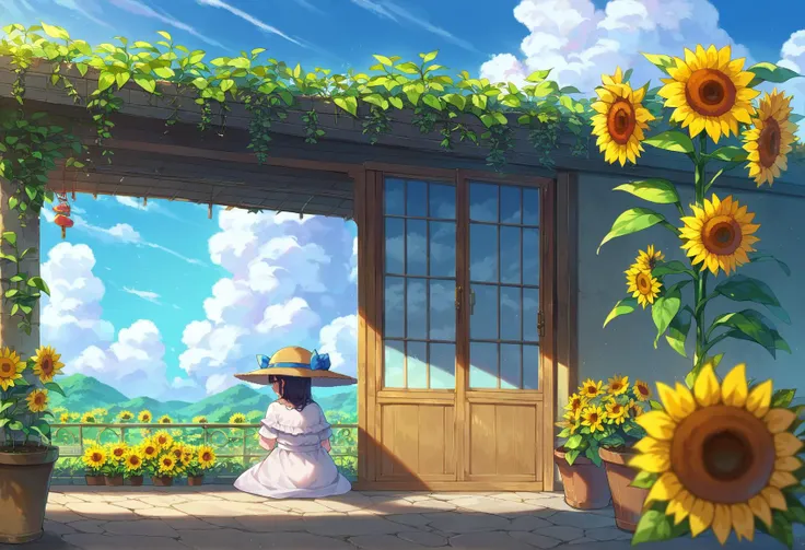 there is a woman sitting in front of a doorway with sunflowers