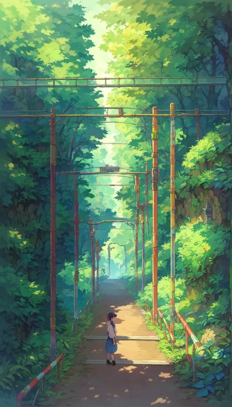 a painting of a woman walking down a path in the woods