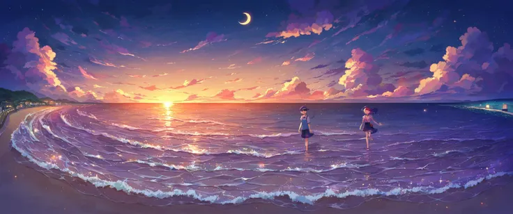 anime couple walking on the beach at sunset