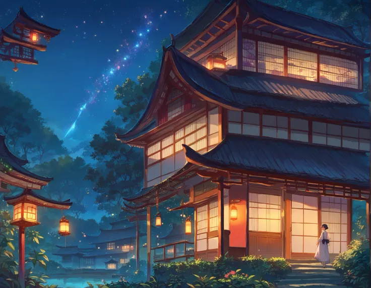 score_9, score_8_up, score_7_up, score_6_up, source anime,
anime scene of a house with a garden and a lantern, east asian architecture, night, star \(sky\), starry sky, night sky, sky, tree, scenery, building,
masterpiece, best quality, very aesthetic, absurdres,
<lora:detailed_backgrounds_v2:0.8>