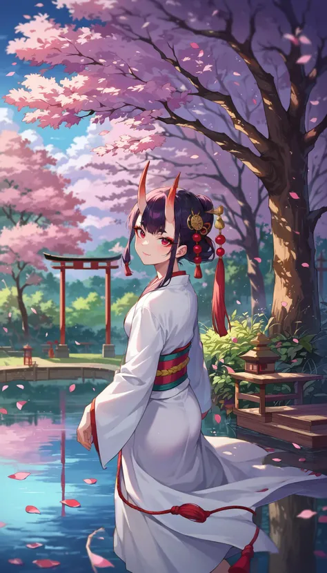 score_9, score_8_up, score_7_up, score_6_up, source anime,
anime style image of a river with trees and lights in the background, scenery, cherry blossoms, tree, petals on liquid, ripples, reflection, depth of field, east asian architecture,
1girl, white kimono, oni, tsunokakushi, looking at viewer, red eyes, light smile,
masterpiece, best quality, very aesthetic, absurdres,
<lora:detailed_backgrounds_v2:0.8>