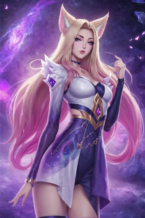 Ahri, 1girl, mystical effects, K/DA, full body, galaxy background<lora:Ahri:.55>