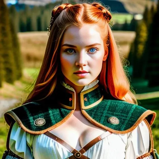 masterpiece, best quality, ((color)) production photograph portrait of a beautiful feminine ginger shield-maiden, textured skin, goosebumps, 1girl, quad tails, small waist (toned abs:1.2), (perfect fingers:1.2), natural, looking at viewer, Peter Jackson , Lord of The Rings, Middle-Earth, ultrarealistic uhd face, unsplash, kodak ultra max 800, 85 mm Camera, epic volumetric lighting, centered, smooth, centered symmetrical composition, (((perfect anatomy))), ((detailed eyes)), grin, 4k, (High_Detail), (highres, photo-referenced:1.2), looking at viewer, eyes visible through hair, solid circle eyes, (((full_body))), official_art, studio quality, medium breasts, Germanic Plate Armour, Style-Kilt