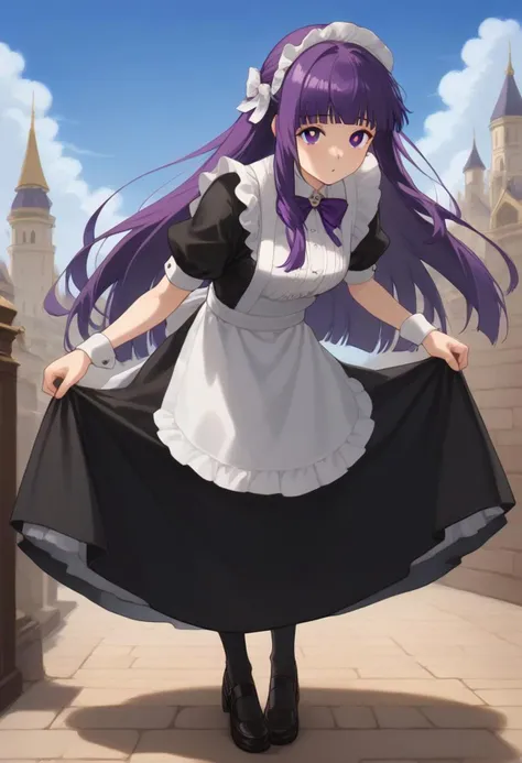 core_9, score_8_up, score_7_up,
BREAK source_anime,best quality,masterpiece, rating_safe, 1girl, solo, 
BREAK fern, long hair, bangs, purple eyes, purple hair, sidelocks, blunt bangs, bright pupils, twintails, white hair ribbons, from front, big breasts, shiny skin, 
BREAK <lora:maid_Pony_V1.0:1> ((jyojifuku,frills)),((kneehighs)),((apron)), long skirt, 
hold bowing, leaning forward, <lora:skirt_hold_bowing_d16:1>
indoors, palace, sky, clouds, looking at viewer,  dutch angle, full body,