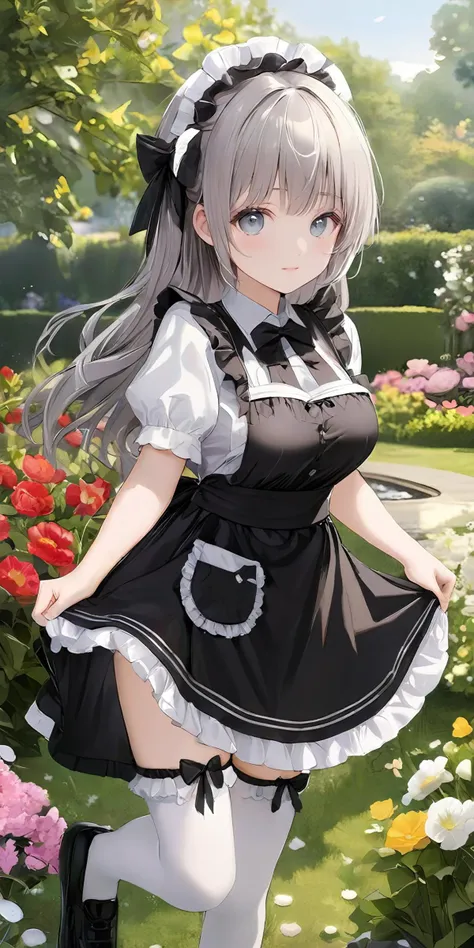 masterpiece,ultra-detailed,best quality,8K,illustration,ultra detailed face,cute face,clean skin ,shiny hair,girl,ultra-detailed-eyes, flower,garden,<lora:add-detail-xl:1>,cowboy shot, 
 <lora:maid_XL_V1.0:0.8> jyojifuku, frills, apron,thighhighs,shoes,black dress,bow <lora:lkp_XL_V1.0:1> lkp, breasts