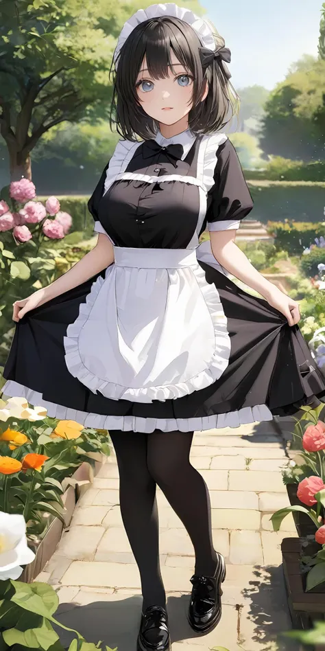 masterpiece,ultra-detailed,best quality,8K,illustration,ultra detailed face,cute face,clean skin ,shiny hair,girl,ultra-detailed-eyes, flower,garden,<lora:add-detail-xl:1>,cowboy shot,
<lora:maid_XL_V1.0:0.8> jyojifuku, frills, apron,thighhighs,shoes,black dress,bow <lora:lkp_XL_V1.0:1> lkp, breasts