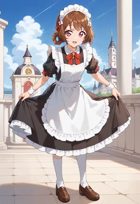 core_9, score_8_up, score_7_up,
BREAK source_anime,best quality,masterpiece, rating_safe, 1girl, solo,
BREAK hanamichi ran, brown hair, medium hair, hair rings, red eyes, beam,
BREAK <lora:maid_Pony_V1.0:1> ((jyojifuku,frills)),((kneehighs)),((apron)), long skirt,
hold bowing, leaning forward, <lora:skirt_hold_bowing_d16:1>
indoors, palace, sky, clouds, looking at viewer, dutch angle, full body,