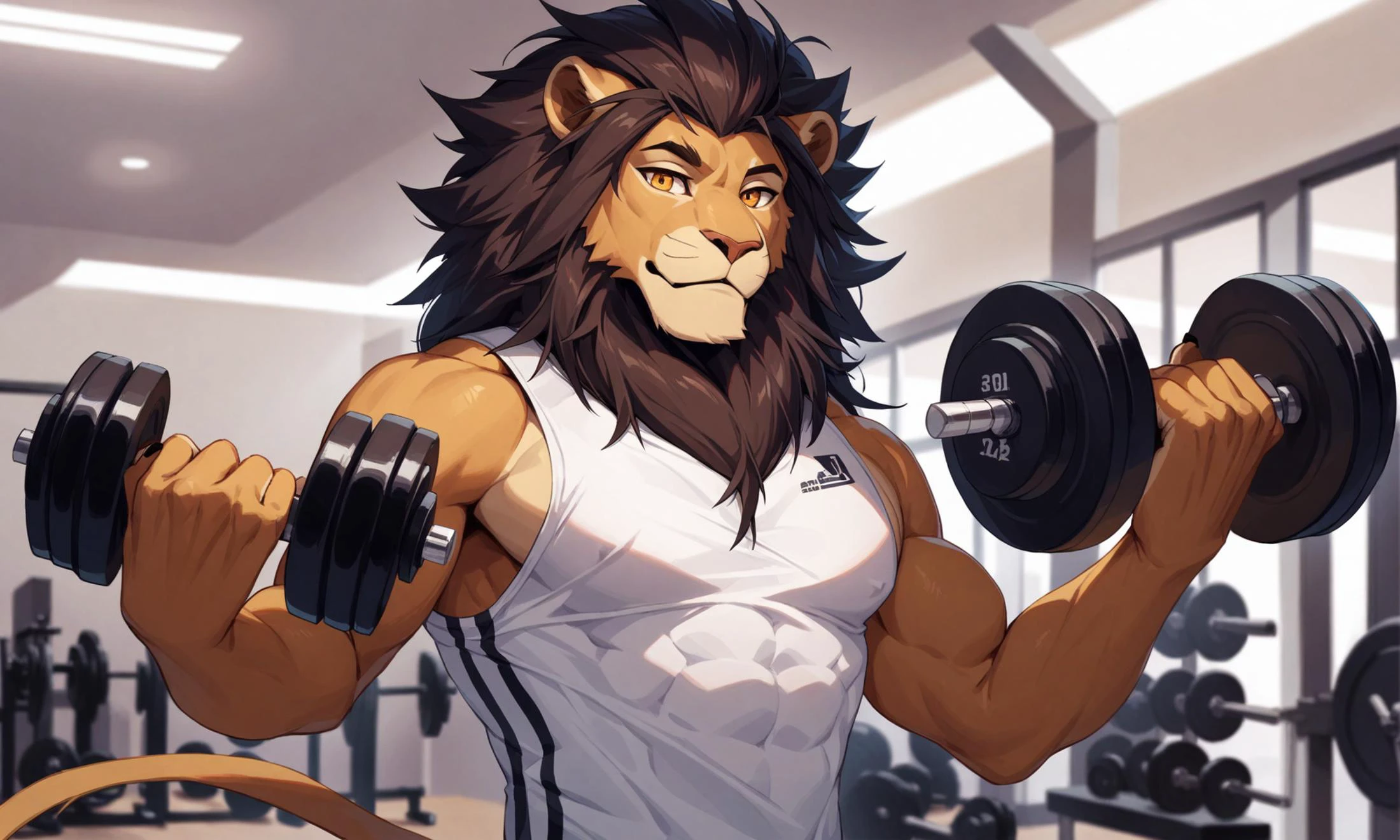 score_9, best quality, 1boy, solo, looking at viewer, amber eyes, dark mane, lifting dumbbell, 5_fingers, anthro, lion, sports tshirt, gym, indoors,