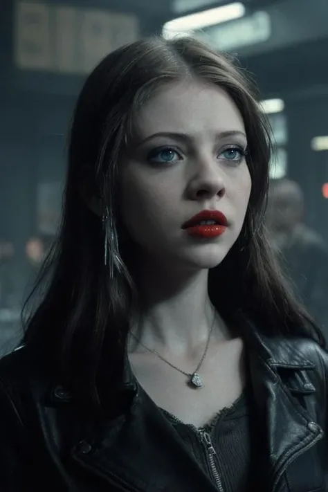 rule of three, waist up shot (mtrachtenberg:1.2) woman <lora:mtrachtenberg:0.7> , as (scared:1.6), nervous, as dawn summers, (bright blue eyes:1.5), pale skin, as (scared:1.6), nervous, woman, becky in sin city looking over shoulder to see who's following her, (cyberpunk:1.7) high contrast, in (cyberpunk bar:1.2), (bright neon lights:1.5), detailed face, detailed nose, (((red lipstick)))+++, colored highlights in hair, perfect eyes, industrial, noir, (sin city:1.2), bladerunner, vampire, cinematic shot, broken derelict sci-fi, (looking over her shoulder:1.1). Steam, intricate background. sci-fi horror movie, dystopian, moody, soft lighting, backlit, cinematic film still, shallow depth of field, vignette, extremely detailed, high budget Hollywood movie, cinemascope, (film grain:0.3), detailed, realistic, 8k uhd, high quality, 1girl