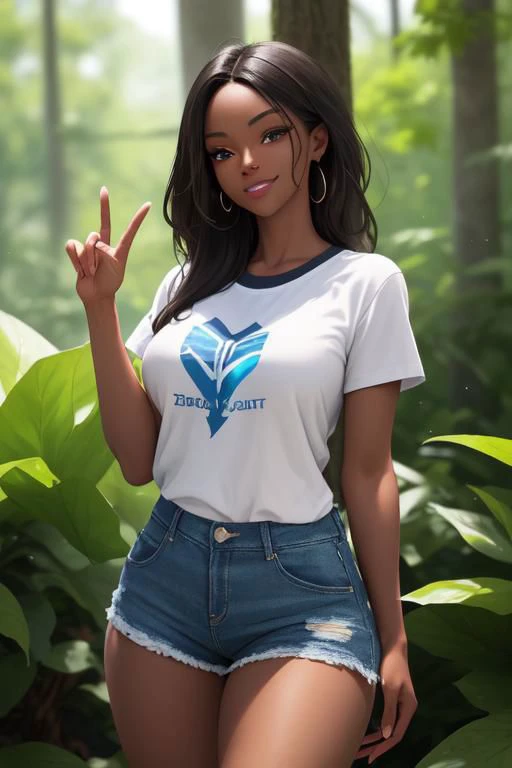 DarkSkin_Style, (highres:1.2), beautiful lighting, intricate (high detail:1.2), high sharpness, 8k, (1girl), vibrant colors, (full body), t-shirt, white t-shirt, shorts, jean shorts, blue jean shorts, forest, highly detailed background, fully clothed, busty, smiling, BREAK outdoors, first-rate breast, First-rate female body,
BREAK <lyco:GoodHands-beta2:1>, (masterpiece:1.2), best quality, high resolution, unity 8k wallpaper, (beautiful detailed eyes:1.6), perfect fingers, 5 fingers, perfect hands, perfect body, perfect face, perfect outfit, extremely detailed face, perfect lighting, extremely detailed CG, (perfect hands, perfect anatomy), zoom, solo focus, top body, upper body, focus face