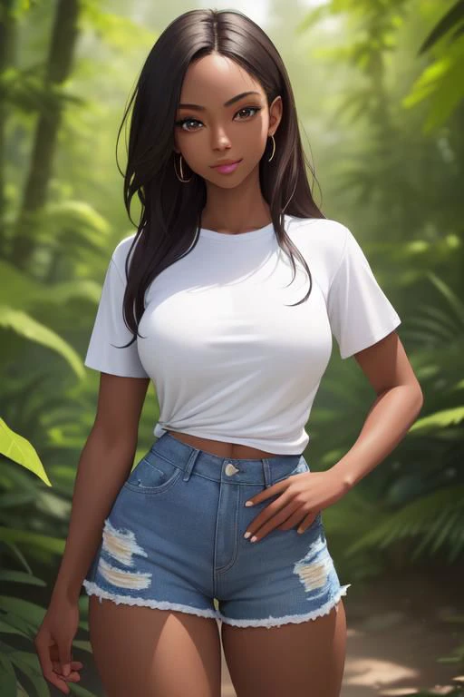 DarkSkin_Style, (highres:1.2), beautiful lighting, intricate (high detail:1.2), high sharpness, 8k, (1girl), vibrant colors, (full body), t-shirt, white t-shirt, shorts, jean shorts, blue jean shorts, forest, highly detailed background, fully clothed, busty, smiling, BREAK outdoors, first-rate breast, First-rate female body, 
BREAK <lyco:GoodHands-beta2:1>, (masterpiece:1.2), best quality, high resolution, unity 8k wallpaper, (beautiful detailed eyes:1.6), perfect fingers, 5 fingers, perfect hands, perfect body, perfect face, perfect outfit, extremely detailed face, perfect lighting, extremely detailed CG, (perfect hands, perfect anatomy), zoom, solo focus, top body, upper body, focus face