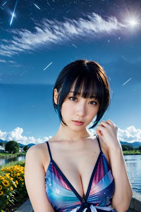 (8k, best quality, masterpiece:1.2)best quality, 1girl, (skindentation), (huge breasts), (day), bright, blur background, outdoor, (street:0.6), (people, crowds:1), (blouse:1.5), gorgeous, (blue hair:1.5), (floating hair:1.5), (dynamic pose:0.8), ayanami_rei,soft lighting, wind, garden,finely detail, official art, absurdres, incredibly absurdres,huge file size, cloud, rain,sky,scenery, overcast,airplane,bag,huge sword,extremely detailed eyes and face, beautiful detailed eyes,plugsuit, star_\(sky\), long_hair, starry_sky, bodysuit, ((ultra realistic details)), portrait,(starry sky:1.5),(shooting stars:1.5),(galaxy:1.543), global illumination, shadows, octane render, 8k,sun flare, soft shadows, vibrant colors, painterly effect, dreamy atmosphere BREAK scenic lake, distant mountains, willow tree, calm water, reflection, sunlit clouds, peaceful ambiance, idyllic sunset,supermodel, ultra sharp,metal,intricate, ornaments detailed, cold colors, egypician detail, highly intricate details,((sexy pose)), realistic light, trending on cgsociety, glowing eyes,cityscape,jacket,cloudy_sky, road, aircraft, ruins, lamppost, school_uniform,<lora:moe_L_v2.0:.7>